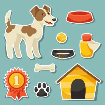 Set of sticker icons and objects with cute dog 스톡 일러스트