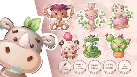 Set sticker mammoth, bear, hippo, diplomat, air, balloon, snake cactus, Stock Illustration
