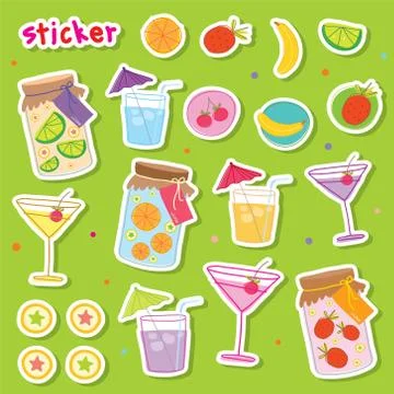 Set of Sticker or Tag Fruit Juice and Drink Fresh Cocktail Cute cartoon Vector	 Stock Illustration
