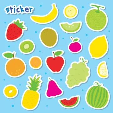 Set of Sticker or Tag Fruit and Healthy Organic Food Cute cartoon Vector	 Stock Illustration