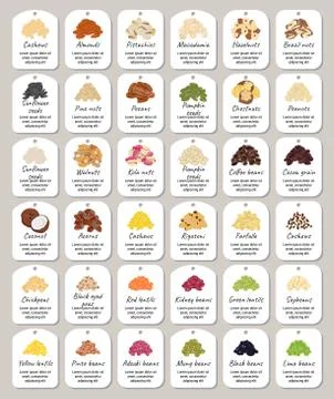 Set of stickers and labels of nuts, beans and legumes Stock Illustration