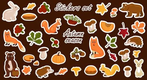 Set of stickers of autumn elements, animals, mushrooms, bright colorful autum Stock Illustration