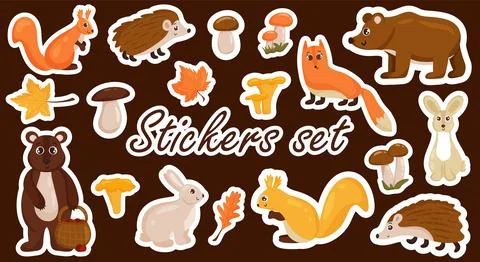Set of stickers of autumn elements, animals, mushrooms, bright colorful autum Stock Illustration