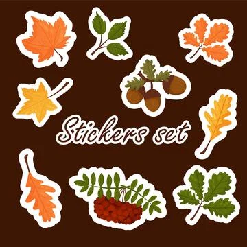 Set of stickers of autumn elements, bright colorful autumn leaves. Vector car Stock Illustration