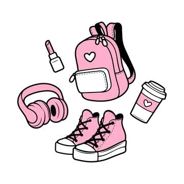 Set stickers Backpack paper cup of coffee lipstick headphones sneakers Stock Illustration