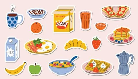 Set of stickers with Breakfast. Fried eggs with bacon, cereals, fruits and .. Illustrazione stock