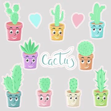 Set of stickers with cacti. Vector. Cute characters, houseplants in pots. Ilustración de archivo