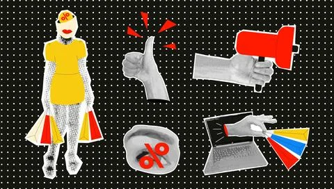 A set of stickers with collage halftone effect. Retro elements on the theme of Stock Illustration