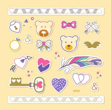 Set of stickers cute bear, hearts and love. Distressed effect. Stock-Illustration