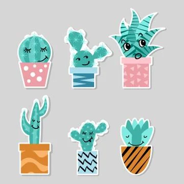 Set of stickers with cute cactuses Stock Illustration