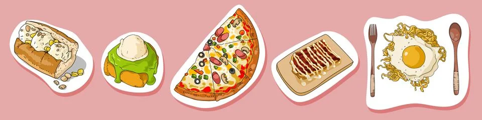 A set of stickers depicting different types of food on pink background Stock Illustration