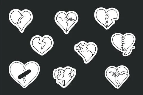 Set of stickers featuring a one line drawing of a broken heart symbol Stock Illustration