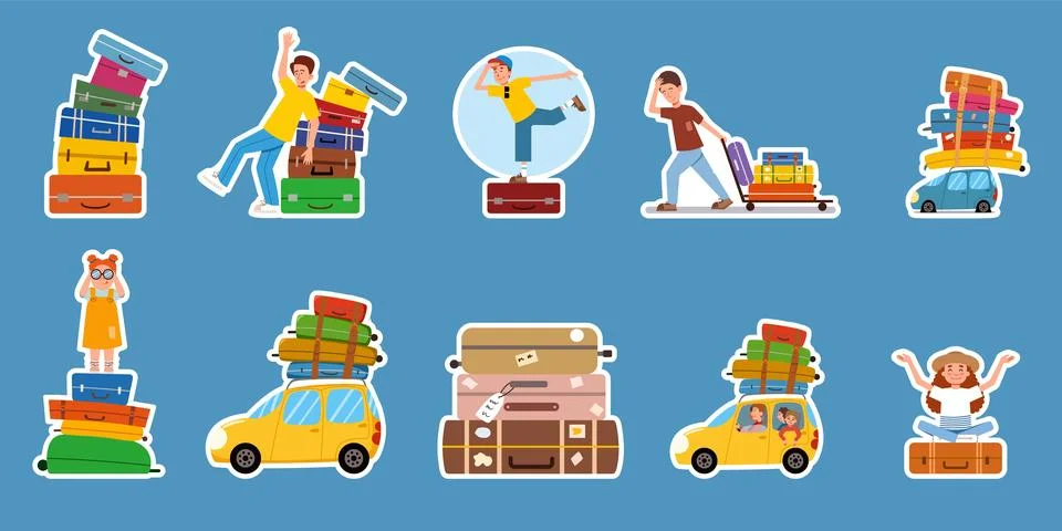 A set of stickers of flat vector illustrations on the theme of travel. Stock Illustration