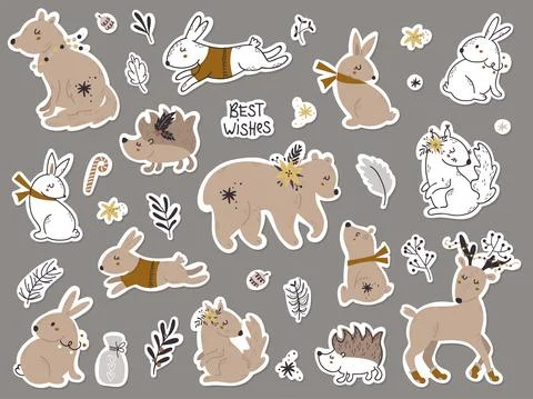 Set of stickers with forest animals. Stock Illustration