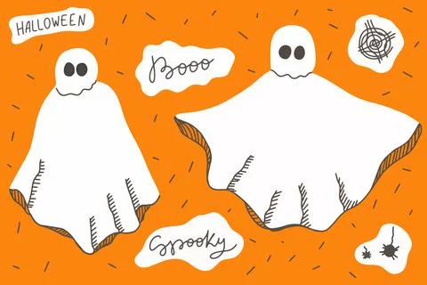 Set of stickers with a ghost on an orange bg, Halloween set of icons, lettering Stock Illustration