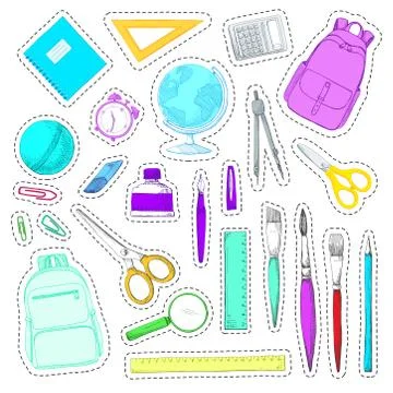 Set of stickers. Hand drawn different school supplies Illustrazione stock