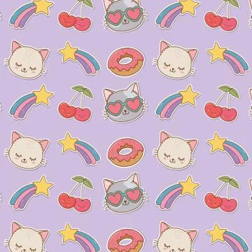 Set of stickers kawaii pattern background Illustrazione stock