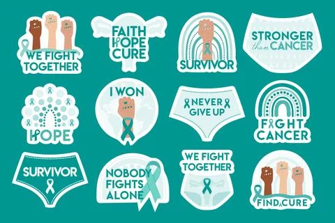 Set of stickers for Ovarian and Cervical Cancer Awareness Month. Teal and w.. Stock Illustration