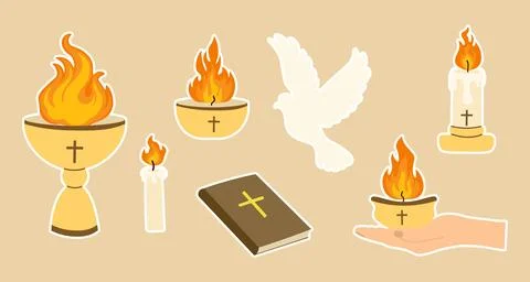 Set of stickers Pentecost Sunday elements dove of peace, flames of the Holy.. Illustrazione stock