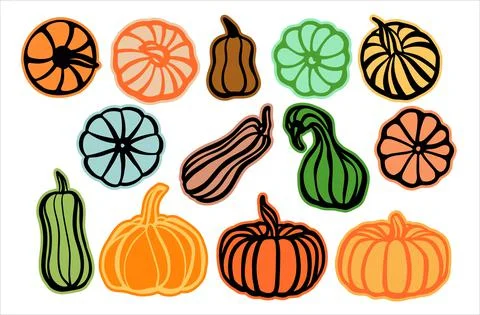 A set of stickers, pumpkins of different types. Design for plotter cutting Illustrazione stock