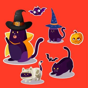Set of stickers purple cat in different poses with a pumpkin and bats Stock Illustration
