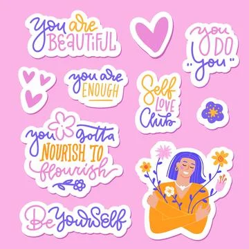 Set of stickers with romantic design elements on self-care theme, letterings and Stock Illustration