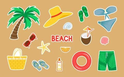 A set of stickers on the theme of beach and sea. Vector illustration. Stock Illustration