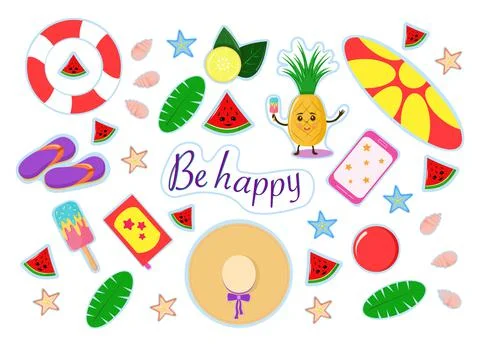 Set of stickers theme - beach, mine, vacation. Stock Illustration