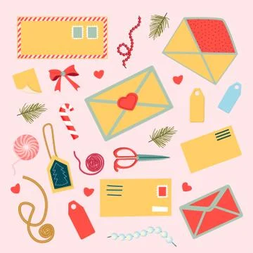 A set of stickers on the theme of postcards and envelopes. Isolated hand-draw Illustration