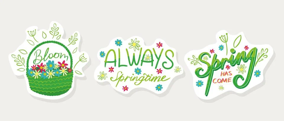 A set of stickers on the theme of spring with inscriptions. Basket of flowers Stock Illustration