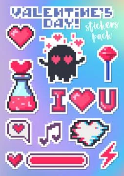 Set of stickers for Valentines Day. Pixel art Stock Illustration