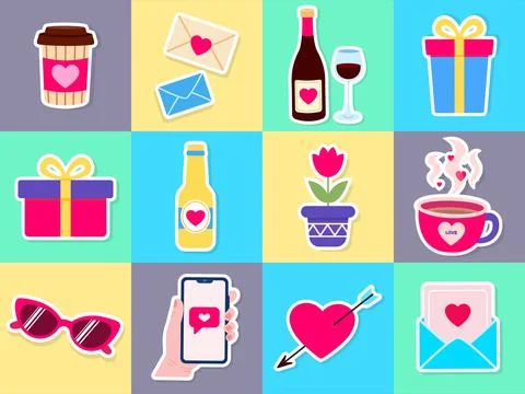 Set of stickers for Valentine's Day. Vector illustration in flat style Stock Illustration