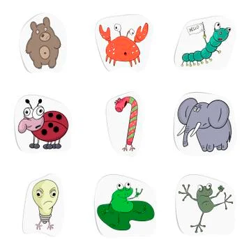 Set of stickers. Vector collection of funny cartoon characters and animals. Stock Illustration