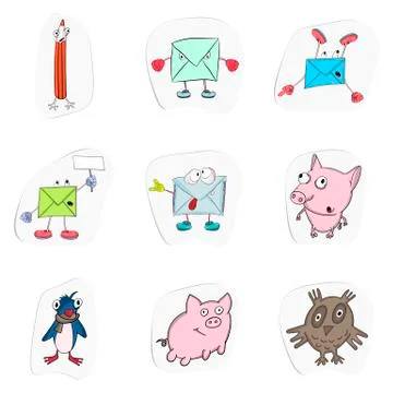 Set of stickers. Vector collection of funny cartoon envelopes and animals. Stock Illustration