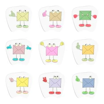 Set of stickers. Vector collection of funny cartoon envelopes. Stock Illustration