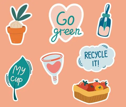 Set of stickers with zero waste concepts. Slogans with cartoon illustrations. Stock Illustration