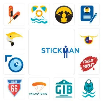 Set of stickman, coast guard, generic bank, paragliding, route 66, fright nig Free Stock Illustration