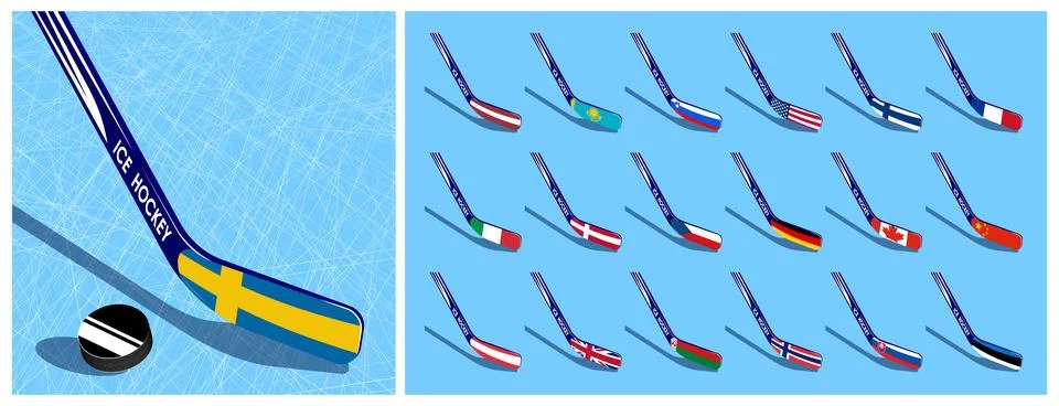 Set of sticks with flags of countries participating in hockey competitions .. Stock Illustration