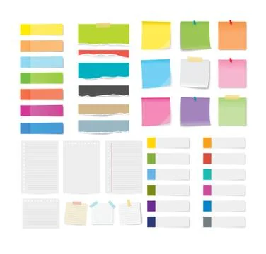 Set of sticky note and torn paper sheets isolated background. Stock Illustration