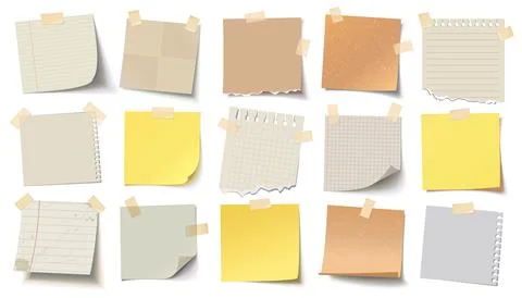 Set of sticky notes and torn paper sheets in various shapes and textures, a.. Illustrazione stock