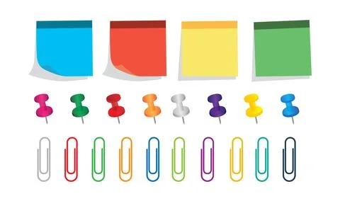 Set of sticky notes, push pin and paper clip for office stationery use Stock Illustration