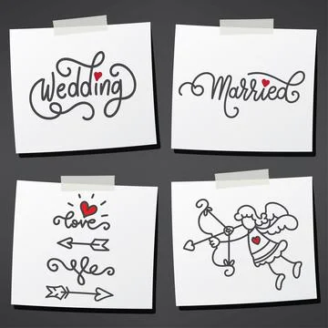 Set of sticky notes.Hand drawn stick figure and lettering.Arrow and heart icons. Stock Illustration