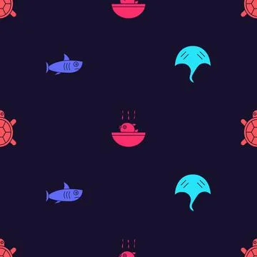 Set Stingray, Shark, Puffer fish soup and Turtle on seamless pattern. Vector Stock Illustration