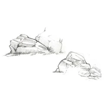 Set of the stone and cliff drawing in watercolor on white background. Illustrazione stock