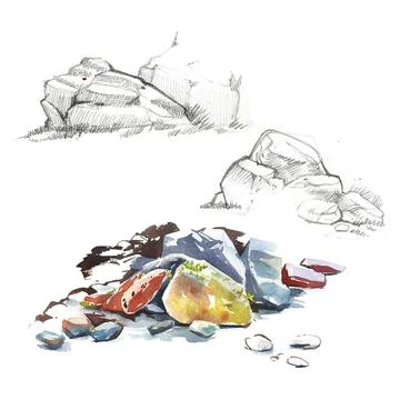 Set of the stone and cliff drawing in watercolor on white background. Stock Illustration