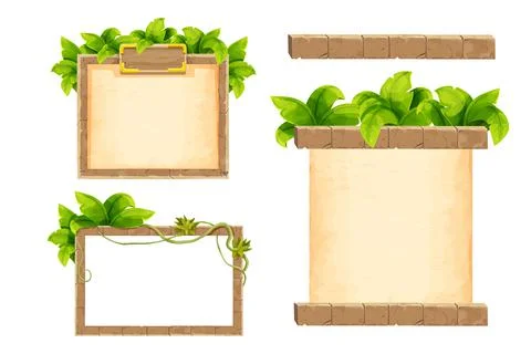 Set Stone brick frame border with old parchment jungle decorated with tropical Stock Illustration