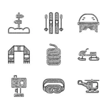 Set Stone for curling, Ski goggles, Rescue helicopter, Snowmobile, Action camera Illustration