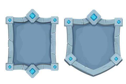 Set stone frame with border and gemstones, shield shape, empty medieval menu Stock Illustration