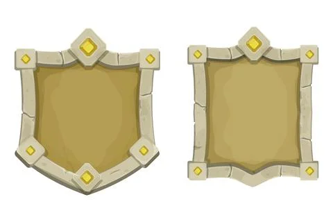 Set stone frame with border and gemstones, shield shape, empty medieval menu Stock Illustration