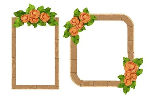 Set Stone Frame with floral elegant decoration, flowers and leaves in cartoon Stock Illustration